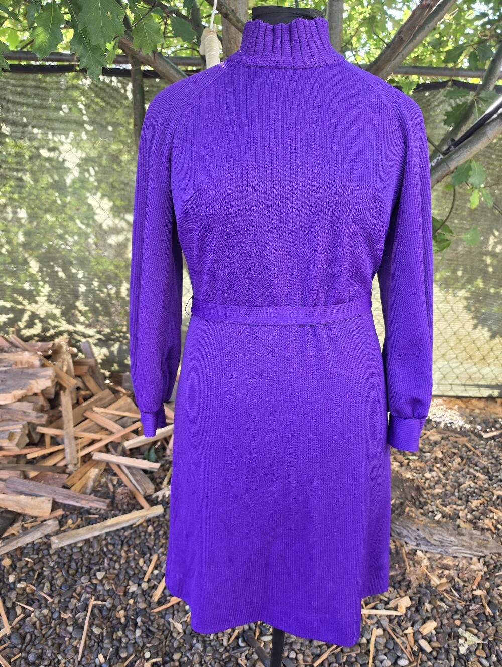 Vtg 70's Purple Ribbed Knit Long-Sleeve Midi Dress Retro Secretary Librarian Chi